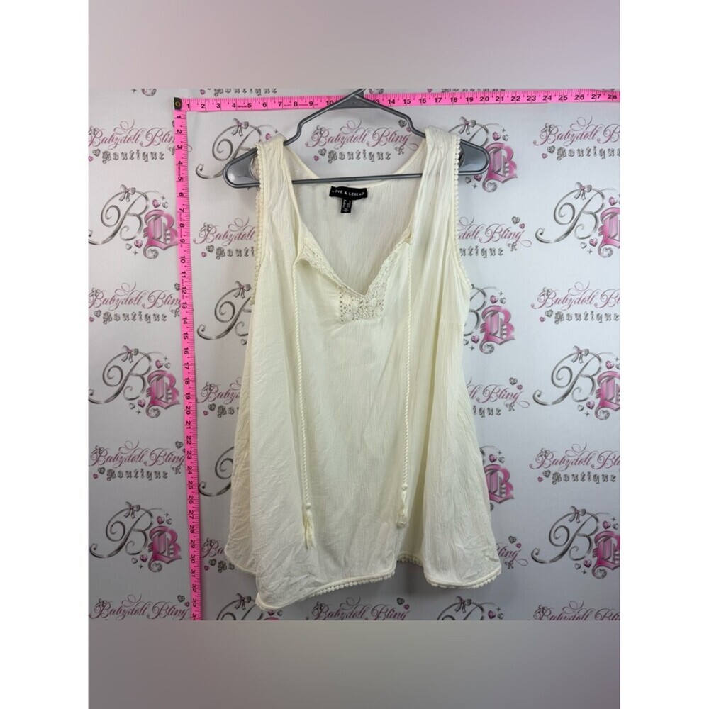 Love & Legend tank top tassles Cream Textured Sleeveless Top with Lace Trim